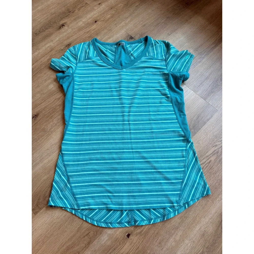 Marmot Womens Teal Striped V-Neck Activewear T-Shirt Size Large Short Sleeve